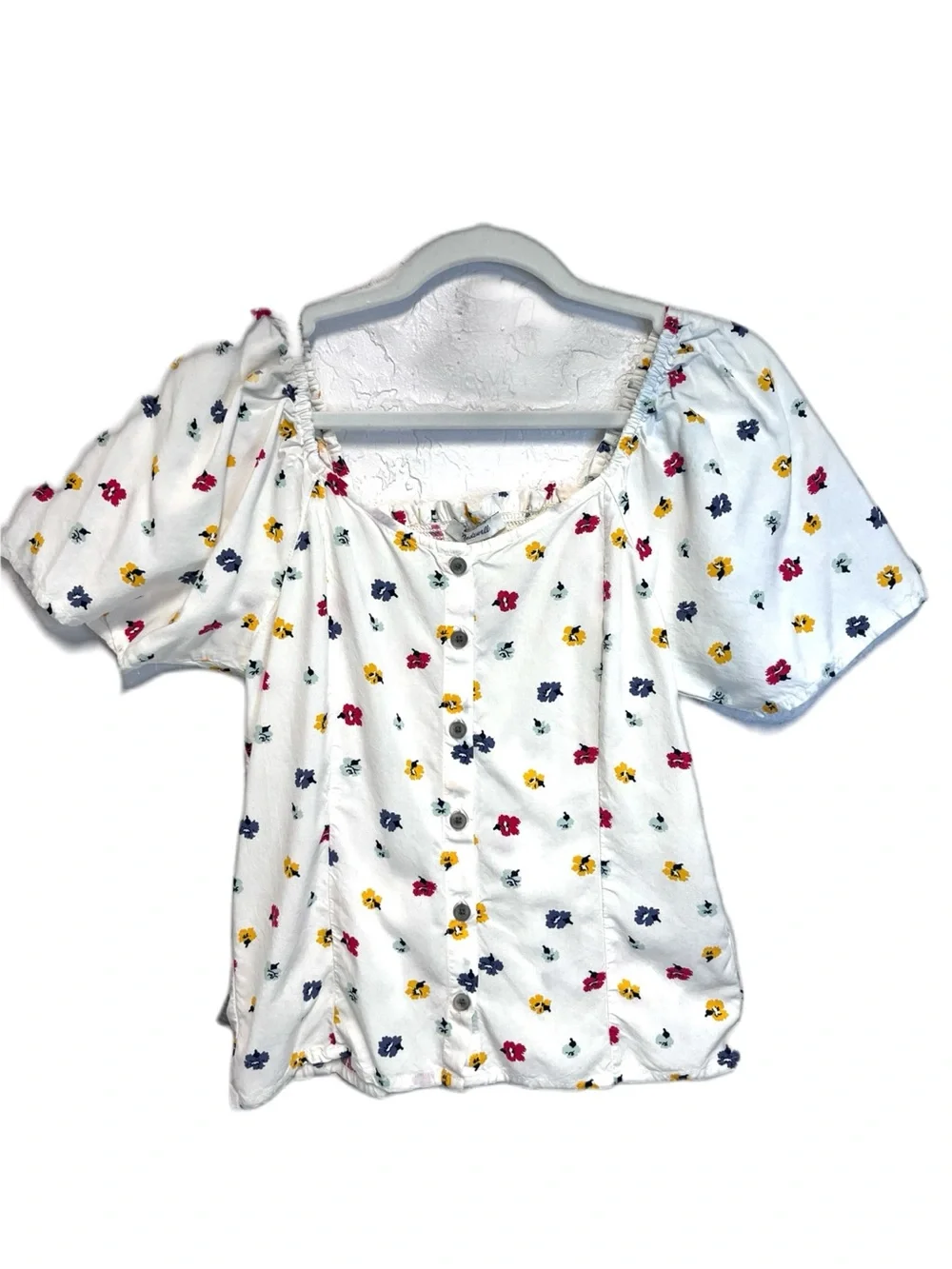 Madewell White Yellow Red Floral Scoop-Neck Button Front Top
